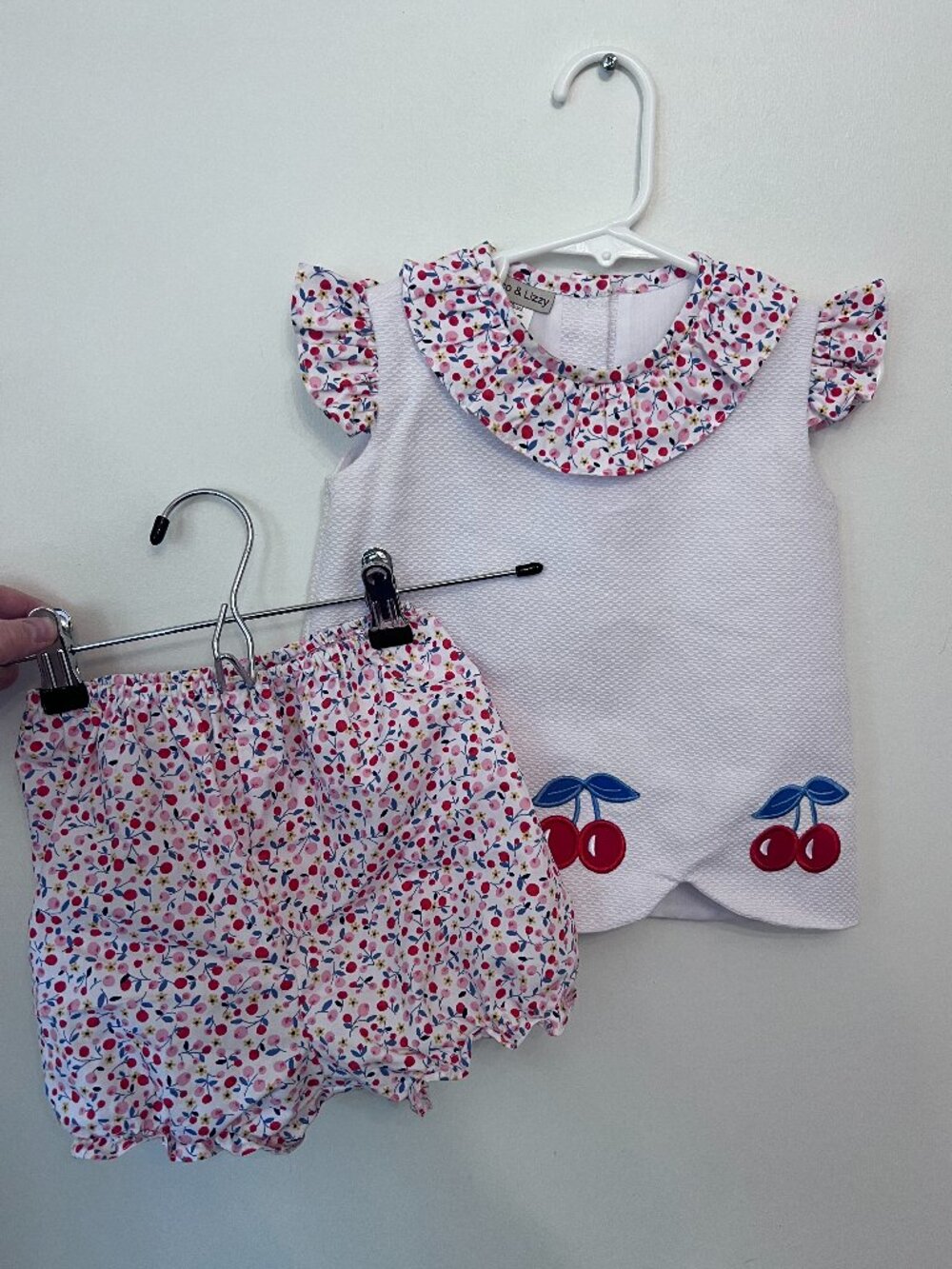 Marco & Lizzy Cherry Seersucker Applique Ruffle Top and Bloomers - 24 Months